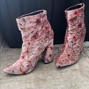 Boohoo Pink Velvet Floral Heeled Boots